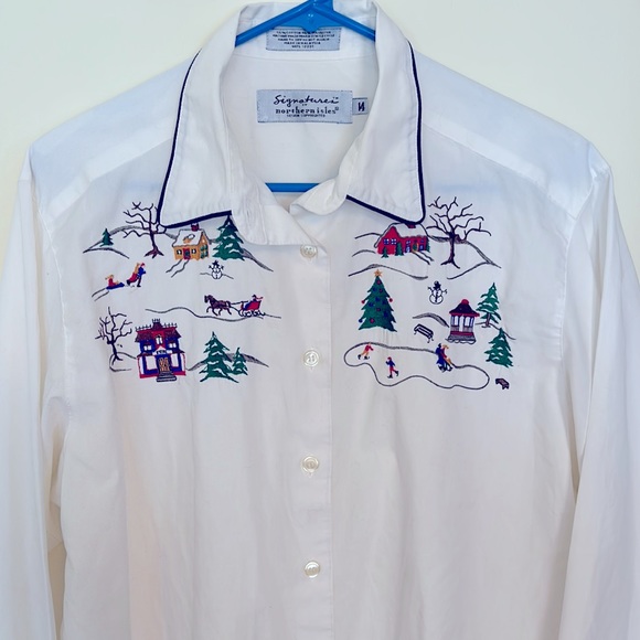 Vintage Signatures Northern Isles 14 White Winter Scene Button Down Shirt - Picture 1 of 9